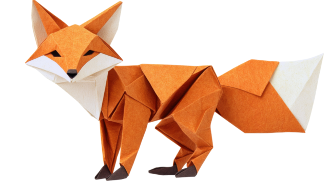 Origami fox standing on transparent background, paper craft art