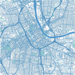 Map of Nashville Center in Tennessee in a professional blue style. Contains layered vector with roads water, parks, etc.