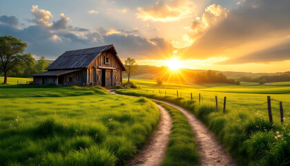 "A rustic wooden barn nestled in a valley of lush green fields, with a dirt path leading to it and a golden sunrise casting warm light over the landscape."