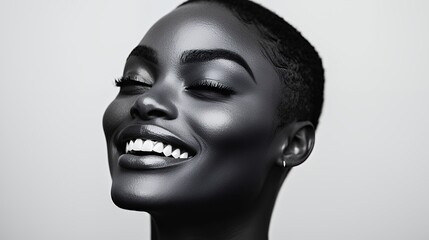close up portrait of a beautiful young woman smiling with her eyes closed and her smile on her face 