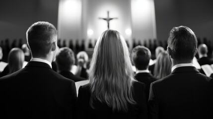 A group of people are standing in a church, with a woman in the middle of them