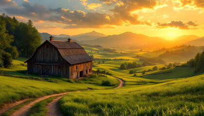"A rustic wooden barn nestled in a valley of lush green fields, with a dirt path leading to it and a golden sunrise casting warm light over the landscape."