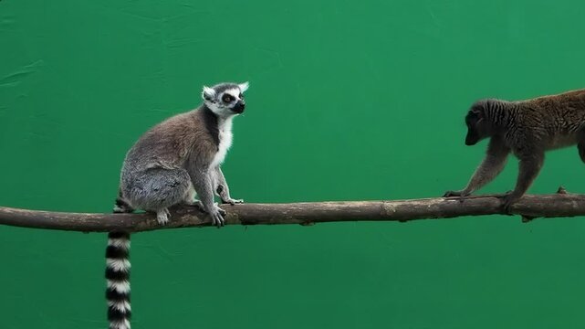 lemur attacks and then runs away scared on green screen slow motion