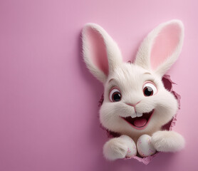 Obraz premium Easter bunny colored eggs, pink paper background. Holidays, spring concept, copy space greeting, 3D