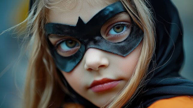 A young girl wearing a black mask and a black cape