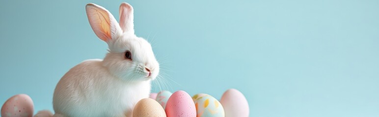 Obraz premium A cute white rabbit sitting next to a pile of painted Easter eggs, soft pastel blue background