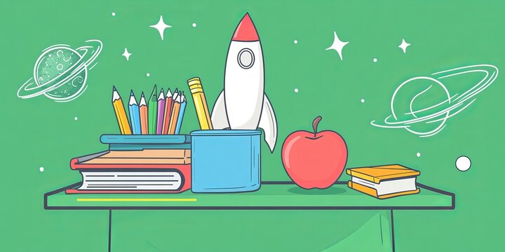 Creative workspace setup with stationery, books, and an apple under a cosmic theme featuring planets and a rocket