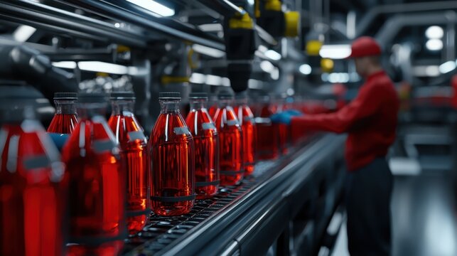 A man in a red shirt is working in a factory, surrounded by many red bottles - Powered by Adobe
