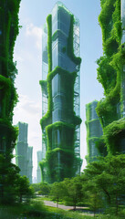 Futuristic sustainable city concept, Neo-Cyber Green Cities, metropolises, transparent biofiber skyscrapers, AI systems to optimize energy use, waste recycling, air purification, green eco city, plant