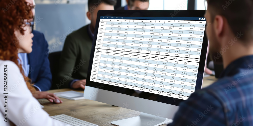 Wall mural accounting software on computer screen showing financial statement spreadsheets and account balance 