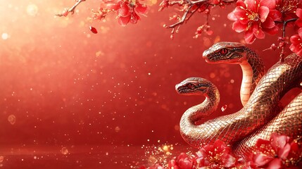 Obraz premium A pair of elegant snakes entwined among vibrant red flowers, set against a warm, glowing background, symbolizing beauty and nature.