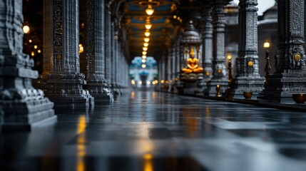 A long hallway with pillars and a statue of Buddha in the middle
