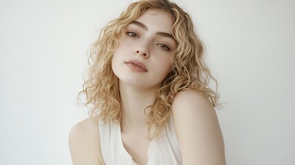 portrait of a beautiful young woman with curly hair on a white background photo 