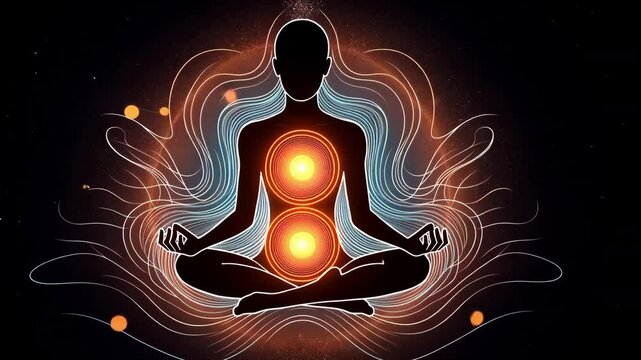 A person sits in a cross-legged position, deeply engaged in meditation. The surrounding cosmic design highlights chakra points and energy flow, creating a peaceful atmosphere.