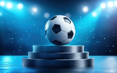 Fototapeta premium A football resting on a podium with bright stadium lights behind it, championship moment, blue and silver background