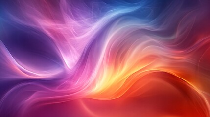 A vibrant abstract image featuring flowing waves of colorful gradients, blending hues of purple, blue, orange, and red.