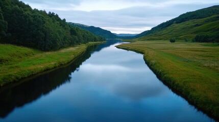 A river with a green grassy bank