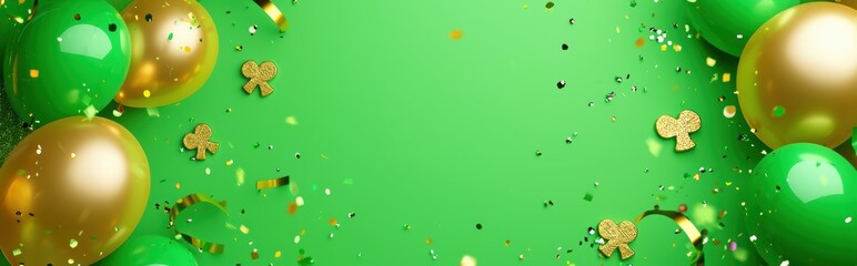 Fototapeta premium A bright green gradient background with festive balloons, golden horseshoes, and sparkling confetti, joyful and lively mockup for Saint Patricks Day with space for text