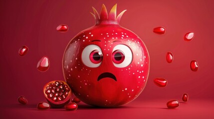 Fototapeta premium Playful cartoon pomegranate with a surprised look, red background with seeds