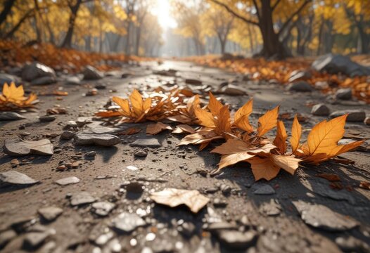 Dry arbusti with shattered leaves on the ground, wilting, leaf drop