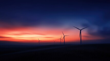 Obraz premium A group of wind turbines are silhouetted against a beautiful sunset