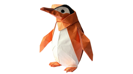 Orange and white origami penguin standing on transparent background
