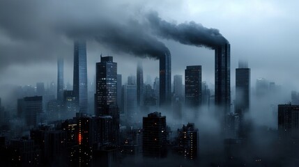 A city skyline with smoke billowing from the tops of the buildings