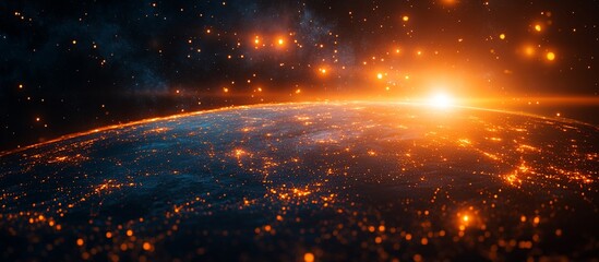 Fototapeta premium Stunning view of Earth from space at sunrise, showcasing illuminated cities and distant stars