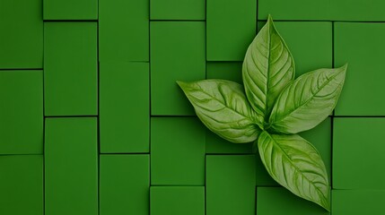 A Green Symphony: A vibrant basil plant leaf rests gracefully upon a mosaic of green blocks, creating a harmonious blend of organic and geometric forms.