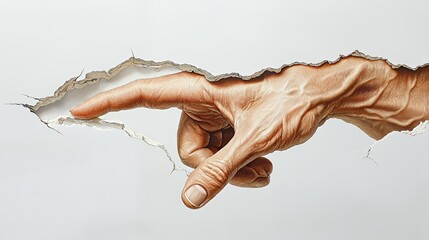 a hand poking through a hole in a wall 