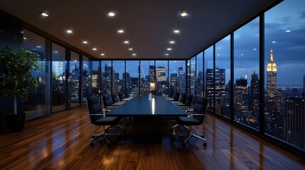 A large conference room with a view of the city skyline