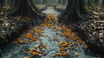 Obraz premium Enchanted Forest Stream: A Mystical Flow of Golden Orb