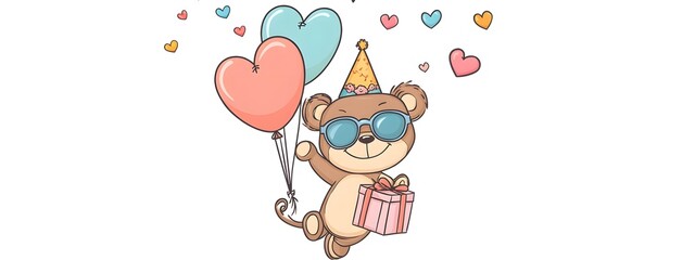A cute brown bear wearing sunglasses and a birthday hat, floating with heart-shaped balloons
