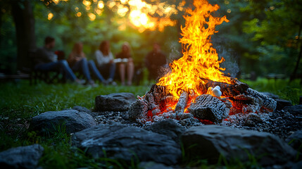 Friends roasting marshmallows by campfire at sunset in park
