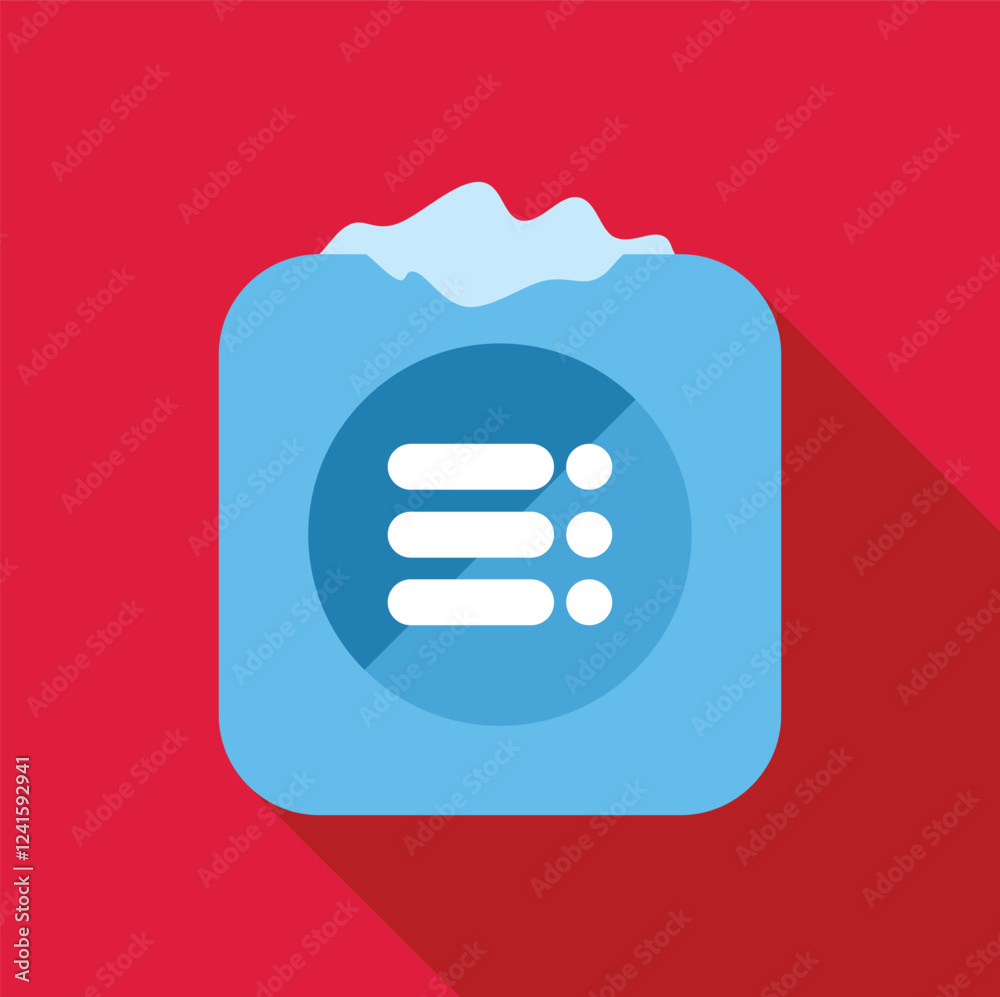Poster frozen blue rounded square app icon with three horizontal lines and three dots menu symbol on red ba