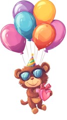 A cute brown bear wearing sunglasses and a birthday hat, floating with heart-shaped balloons

