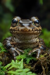 Obraz premium Close-up portrait of brown spotted frog with large golden eyes sitting on moss in natural habitat, front view macro photography showing detailed amphibian texture and patterns.
