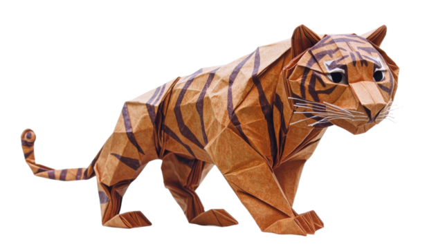 Origami tiger prowling on transparent background
