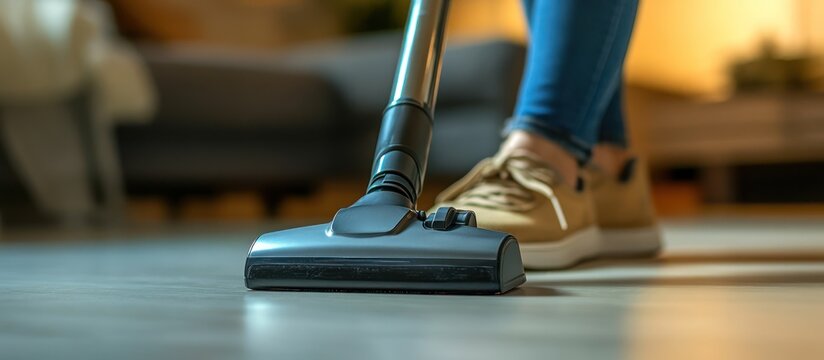 Woman vacuuming hardwood floor, living room - Powered by Adobe