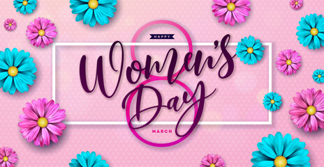 8 March. Happy Women's Day Floral Illustration. International Womens Day Vector Design with Colorful Spring Flower and Number 8 on Light Pink Background. Woman or Mother Day Theme Template for Flyer