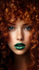 Fototapeta premium A close-up portrait of a woman with vibrant red curly hair, striking green lips, and mesmerizing blue eyes, creating a bold and captivating visual contrast 