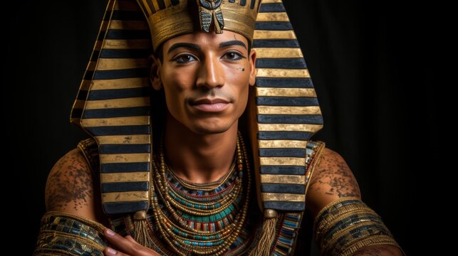 Regal pharaoh on throne  a majestic low perspective emphasizing gold and brown elegance