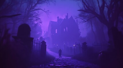 Obraz premium A Figure Walks Toward a Silhouetted Haunted House in Purple Fog