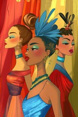 Obraz premium Three stylish women showcasing vibrant fashion and bold hairstyles