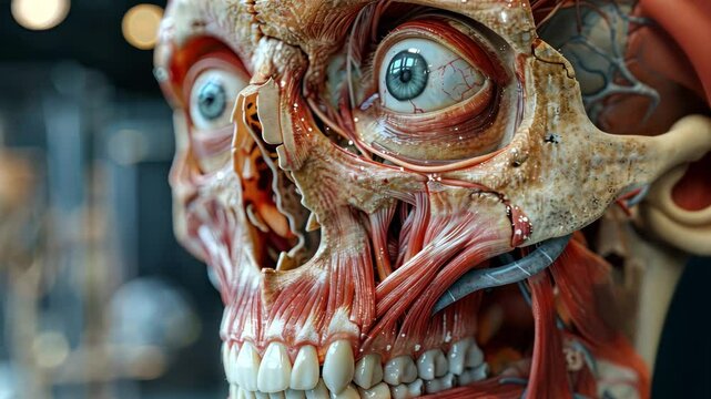 Detailed anatomical model showcasing human skull and muscles.