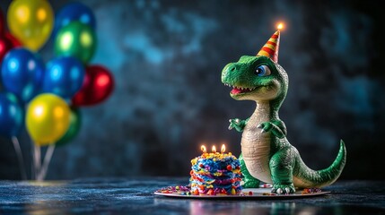 toy dinosaur at a birthday party with birthday cakes