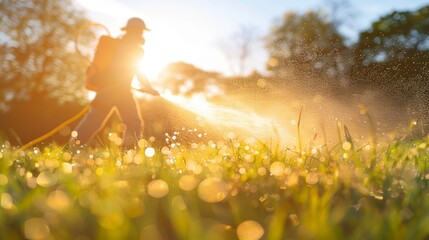 Pest control professional applying pesticide on lush lawn for effective pest management outdoors