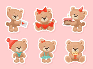 Obraz premium Teddy Bear as Cute Fluffy Animal Vector Sticker Set