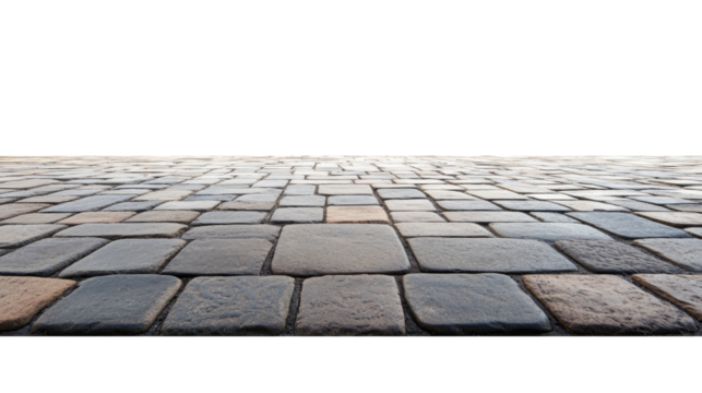 Cobblestone pavement texture with transparent background extending into infinity