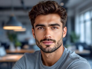 Fototapeta premium Handsome young man with a well-groomed beard in a stylish office setting. Confident and relaxed expression, modern corporate environment.